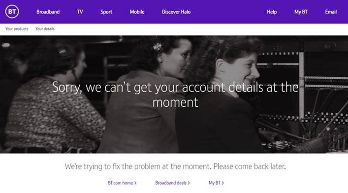 Screenshot - BT can't get to your details at the mo