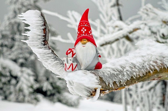 Cute cuddly Santa supported on snowy tree branch