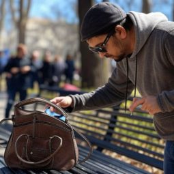 Man stealing mobile phone from handbag on park bench