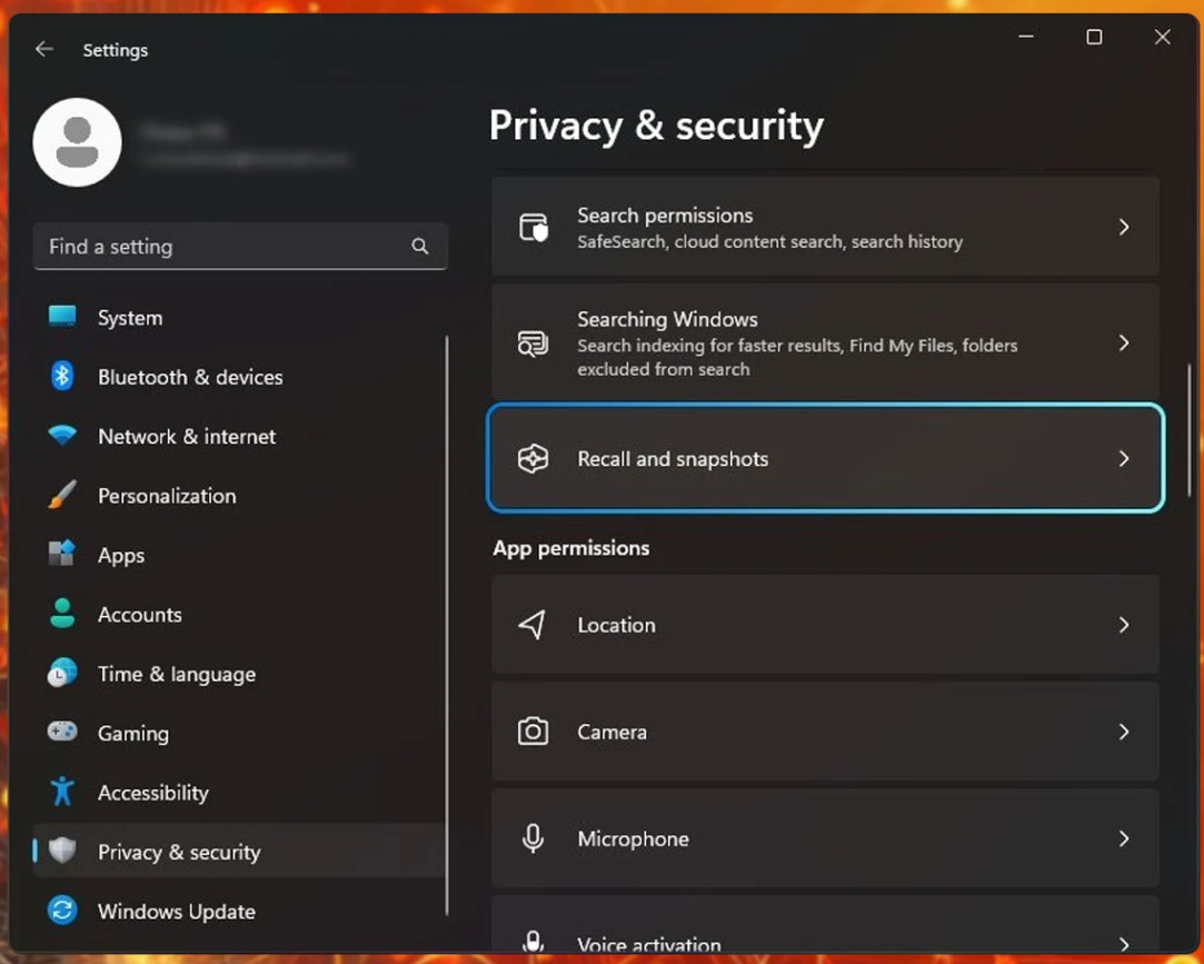 Windows 11 Recall and snapshots screen