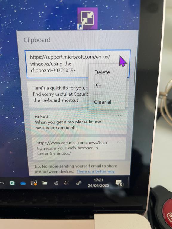 image of clipboard history function in Windows