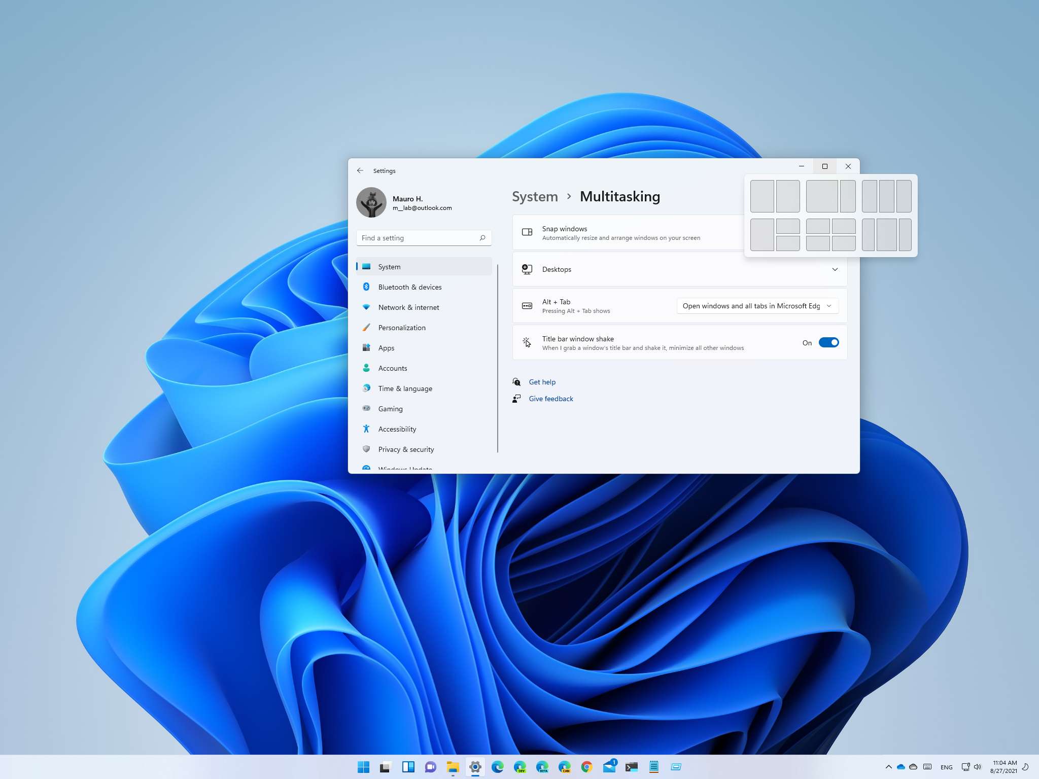 Setup screen for Windows 11 Multitasking