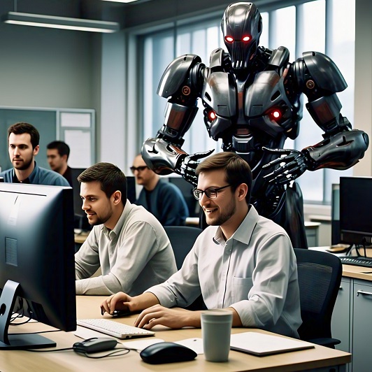 Robot standing behind office workers, but AI isn't slashing jobs