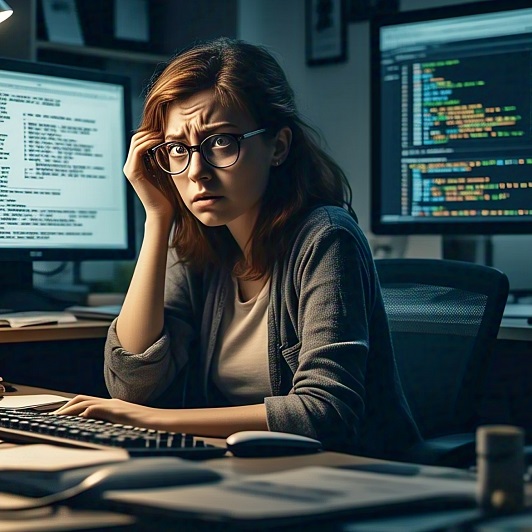 Young woman wearing spectacles, looking concerned, sitting at keyboard, surrounded by monitors.