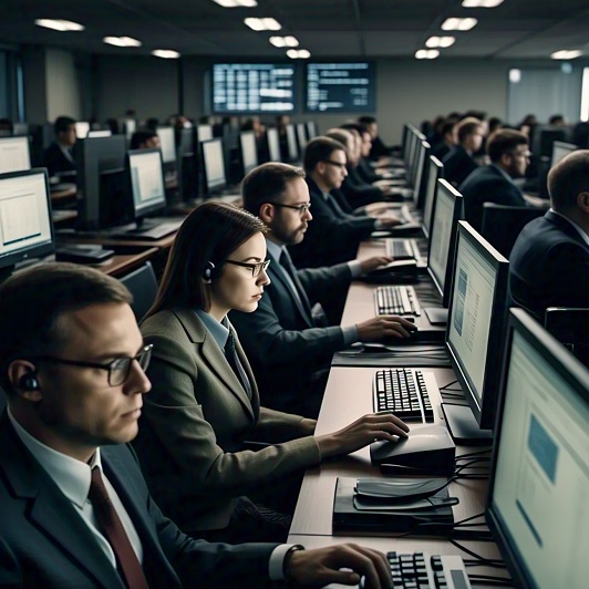 Large open plan office with computer users working at rows of desks
