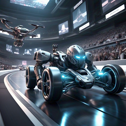 Wheeled racing robot being tailed by drone to illustrate fastest change in tech history