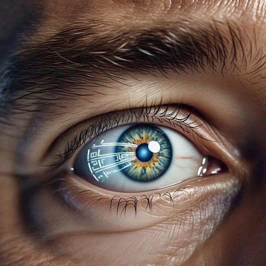 Human eye with computer screen reflected in it, symbolising vigilance of a human firewall