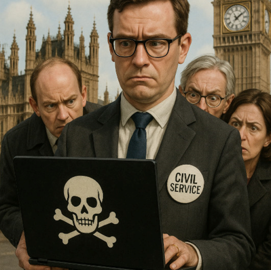 Civil Servant using outdated legacy IT system on an insecure laptop, Looks worried while colleagues look over his shoulder frowning.