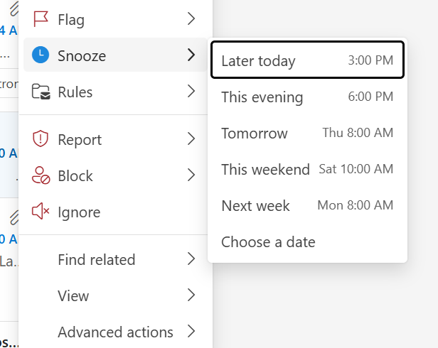 screenshot showing how to snooze email messages to deal with them later