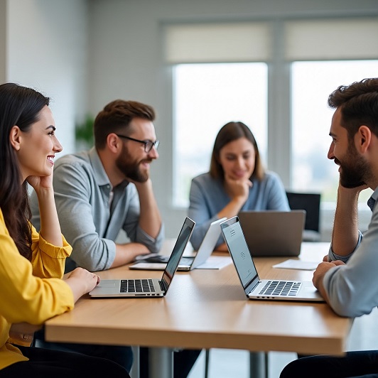 Four people working at laptops, doing cybersecurity training