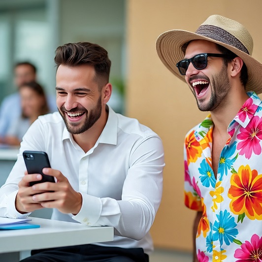 Man views photos on his phone, accompanied by himself laughing, dressed in summer holiday clothes, suggesting he is viewing his personal photos on a company device
