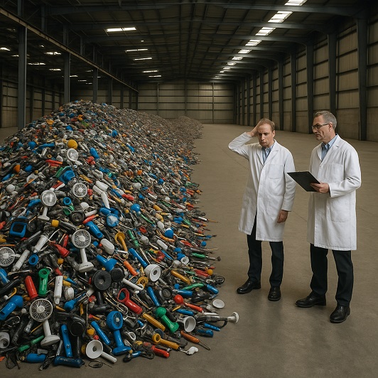 Men in white lab coats looking worriedly at a pile of electronic waste in a warehouse