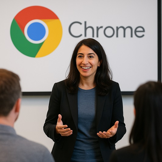 AI-generated image with Chrome logo on wall behind female presenter, looking similar to Parisa Tabriz, suggesting a launch event for Chrome gets built-in Gemini AI