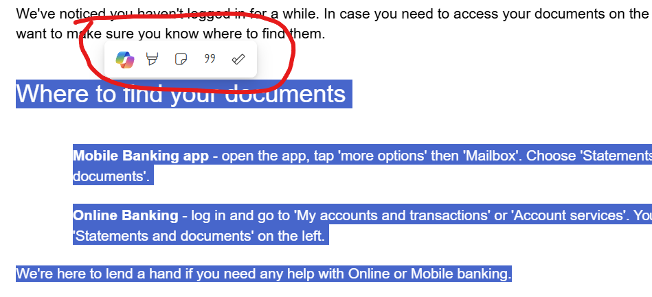 Copilot mini toolbar in Outlook