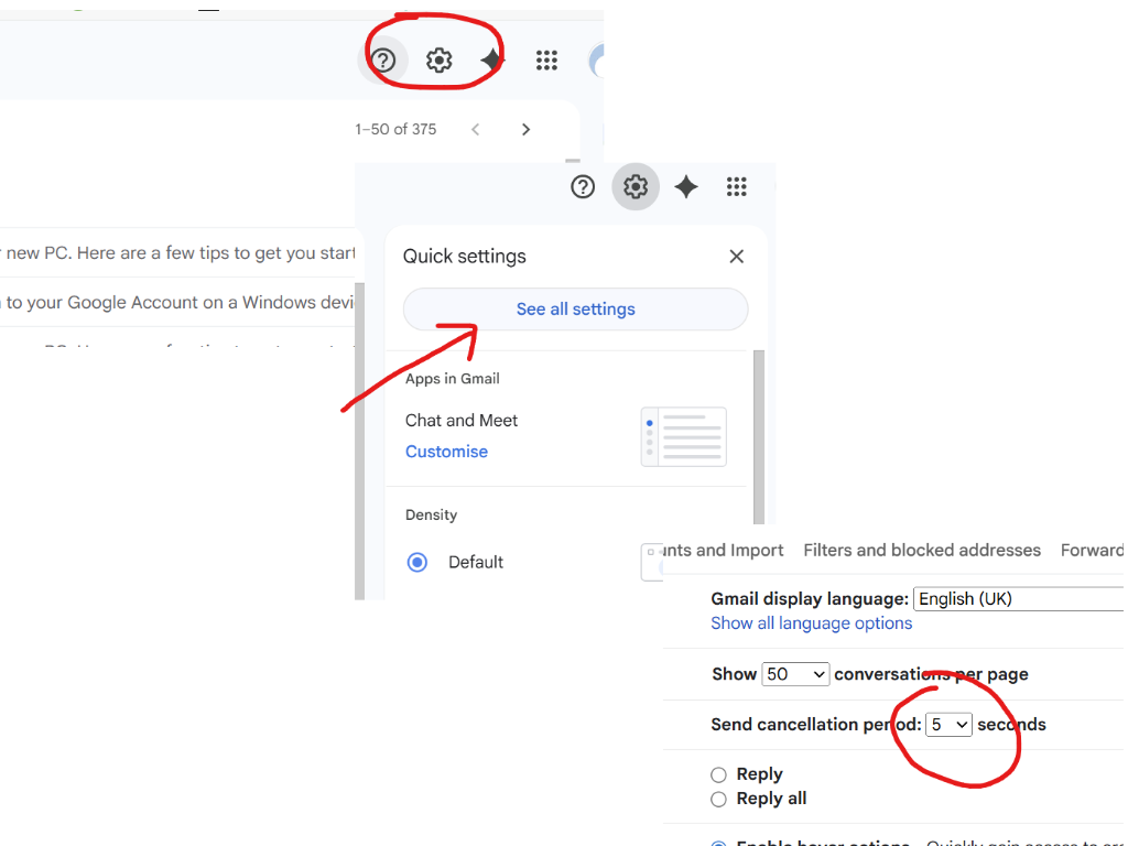 Steps to configure Undo Send in Gmail