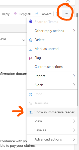 Screenshot - New Outlook Immersive Reader