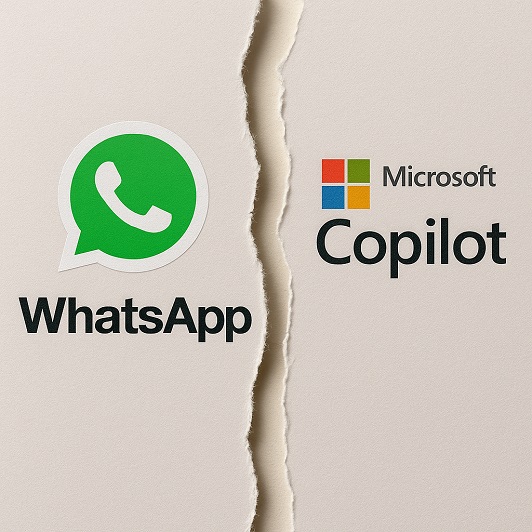 AI generated image of WhatsApp and Microsoft logos on torn paper, illustrating Microsoft Copilot ending support in WhatsApp