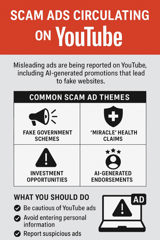 AI generate infographic warning of the risks of misleading scam ads circulating on YouTube